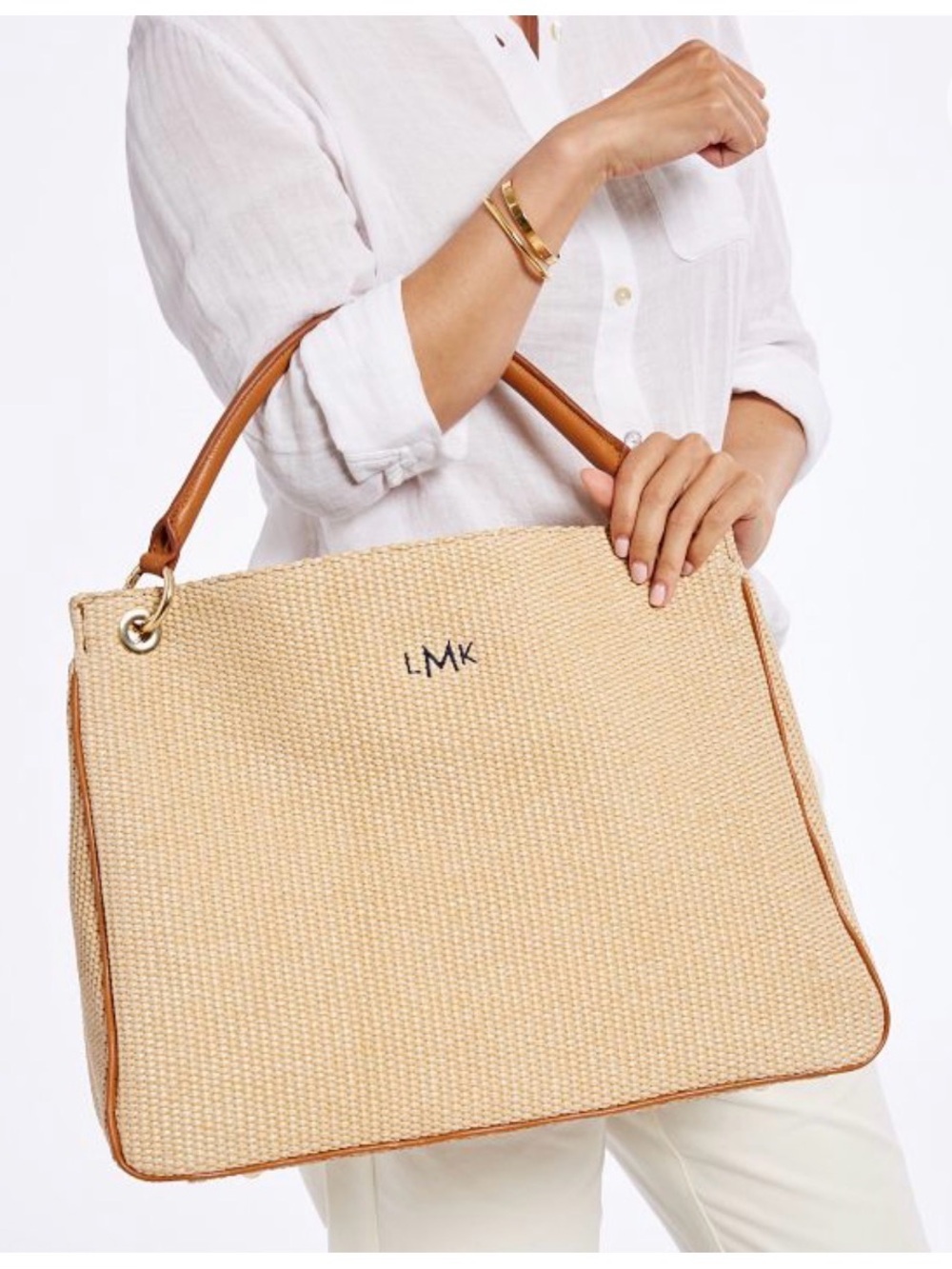 Mark & Graham Natural Straw Shoulder Tote with Tan Leather Trim (NWOT)